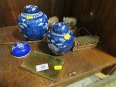 TWO CHINESE BLUE AND WHITE PRUNUS PATTERN GINGER JARS, AFRICAN BEADWORK STRAP, SOAPSTONE HIPPOS