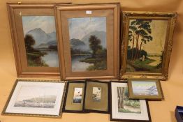 A COLLECTION WATERCOLOURS AND OIL PAINTINGS TO INCLUDE A PAIR OF MOUNTAINOUS LAKE SCENE WATERCOLOURS