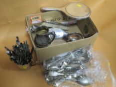 A BOX OF SILVER PLATED METALWARE ETC