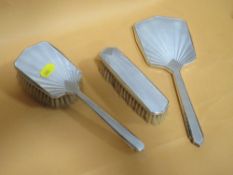 A HALLMARKED SILVER GUILLOCHE ENAMEL THREE PIECE DRESSING TABLE SET