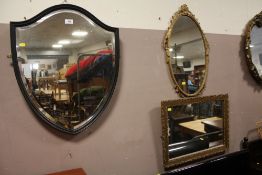 A SHEILD SHAPED WALL MIRROR TOGETHER WITH 2 GILT WALL MIRRORS (3)