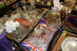 FIVE BOXES OF ASSORTED GLASSWARE TO INCLUDE A STUART CRYSTAL VASE, DECANTERS, COLOURED GLASS ETC.