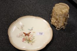 A HAND PAINTED ROYAL WORCESTER CABINET PLATE WITH BUTTERFLY DETAIL, TOGETHER WITH A ROYAL