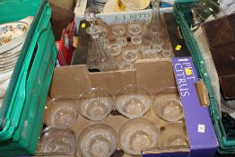 TWO TRAYS OF WEBB CRYSTAL DRINKING GLASSES, DECANTERS AND BOWLS