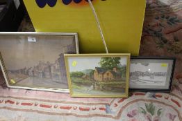 A FRAMED AND GLAZED WATERCOLOUR OF A STREET SCENE SIGNED MARQUIS TOGETHER WITH ANOTHER WATERCOLOUR