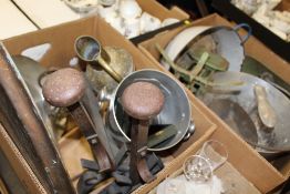 TWO BOXES OF VINTAGE METALWARE TO INCLUDE CAST METAL FIRE DOGS, BRASS CHARGER ETC.