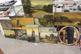 A LARGE QUANTITY OF UNFRAMED OIL ON CANVASES, PRINTS, MIRRORS ETC.
