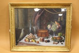 A GILT FRAMED AND GLAZED LARGE WATERCOLOUR OF A TABLE TOP SCENE WITH RING COLLARED DOVE, OVERALL