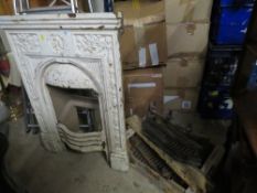 AN ANTIQUE CAST IRON METAL FIREPLACE AND ACCESSORIES