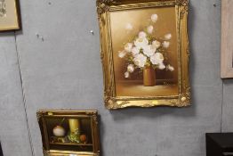 A GILT FRAMED STILL LIFE OIL ON CANVAS OF FLOWERS IN A VASE SIGNED BLAIN, TOGETHER WITH A SMALLER