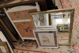 A HAND PAINTED FIRE SCREEN TOGETHER WITH A MIRROR AND TWO PRINTS