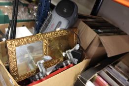 A BOX OF COLLECTABLES TO INCLUDE A SMALL GLASS FRAMED MIRROR, ANGLE POISE LAMP ETC. TOGETHER WITH