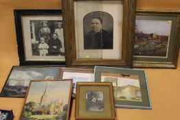 A QUANTITY OF ASSORTED PICTURES AND PRINTS TO INCLUDE A GILT FRAMED OVERPAINTED PHOTOGRAPH (8)