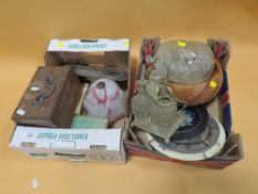 TWO SMALL TRAYS OF COLLECTABLES TO INCLUDE INLAID MAHOGANY TEA CADDY