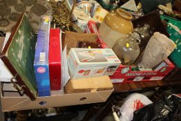 TWO BOXES OF ASSORTED SUNDRIES TO INCLUDE AN ORIENTAL STYLE TWIN HANDLED VASE, MOUNTED ANTLERS ETC.