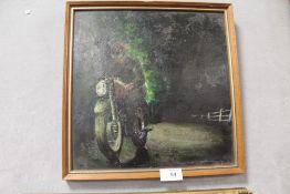 A FRAMED OIL ON BOARD OF A MOTORCYCLIST INDISTINCTLY SIGNED LOWER RIGHT