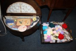 A DEMI LUNE SEWING BOX AND CONTENTS TOGETHER WITH A TRAY OF KNITTING ITEMS