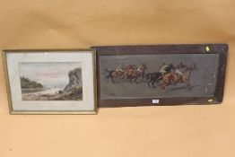 AN ANTIQUE HORSE RACING INTEREST PRINT IN OAK FRAME, TOGETHER WITH A WATERCOLOUR SIGNED J B ANDERSON