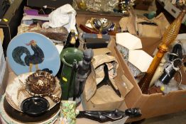 FOUR BOXES OF CERAMICS AND COLLECTABLES TO INCLUDE A MAJOLICA VASE NORITAKE STYLE THREE PIECE TEA