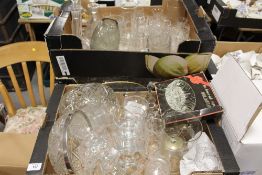 FOUR BOXES OF ASSORTED GLASSWARE TO INCLUDE CUT GLASS, DRINKING GLASSES