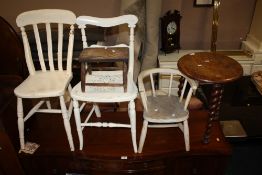 AN OAK BARLEYTWIST OCCASIONAL TABLE, STOOL 2 PAINTED CHAIRS AND A CHILDS ARMCHAIR (5)