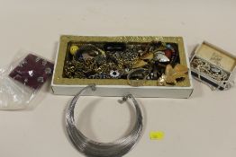 A BOX OF VINTAGE COSTUME JEWELLERY ETC.