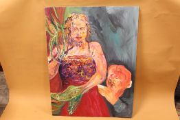 A LARGE UNFRAMED OIL ON CANVAS ABSTRACT FIGURE STUDY OF A WOMAN ENTITLED 'DAPHNE TO APOLLO' BY