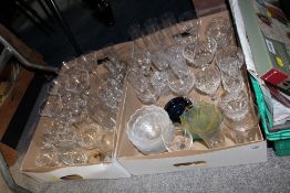 TWO TRAYS OF CUT GLASS DRINKING GLASSES ETC.