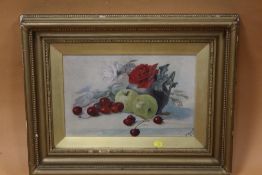 A GILT FRAMED AND GLAZED STILL LIFE OIL ON BOARD STUDY OF FRUIT AND FLOWERS SIGNED P SMITH LOWER