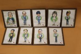 A SET OF NINE FRAMED AND GLAZED EMBASSY SNOOKER CELEBRITIES CHARACRATURE PRINTS