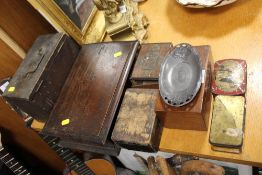A COLLECTION OF WOODEN TRINKET BOXES TOGETHER WITH TWO VINTAGE TINS ETC (8)