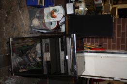 A HITACHI STACKING STEREO IN CABINET WITH LARGE SPEAKERS, ACCESSORIES AND A SMALL QUANTITY OF RECORD