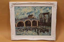 MARTY COLE (b.1900). Impressionist village river scene with buildings and stone bridge, signed and