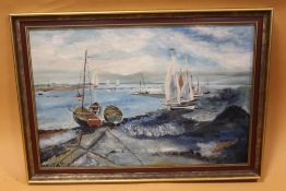 A GILT FRAMED OIL ON BOARD OF MOORED BOATS INITIALED MF LOWER LEFT