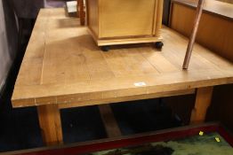 A MODERN HEAVY OAK REFECTORY TYPE TABLE H-74 CM L-181 CM A/F