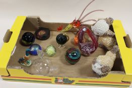 A BOX OF GLASS PAPERWEIGHTS, BESWICK DUCK FIGURE ETC.