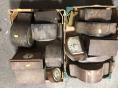 TWO BOXES OF VINTAGE MANTEL CLOCKS TO INCLUDE OAK CASED, BAKELITE, WESTMINSTER AND ELECTRIC