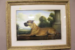 A GILT FRAMED AND GLAZED PRINT OF A LARGE DOG