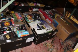 A TRAY OF CD'S TOGETHER WITH THREE BOXES OF DVD'S, VHS TAPES ETC