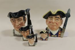 THREE GRADUATING ROYAL DOULTON CHARACTER JUGS FROM WILLIAMSBURG - GUNSMITH, consisting of small