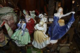 FIVE CERAMIC LADY FIGURES OF VARIOUS MAKERS TOGETHER WITH TWO CONTINENTAL STYLE CERAMICS (7) A/F