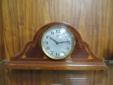 AN INLAID MAHOGANY LEON HATOT ATO BATTERY OPERATED MANTLE CLOCK c1930, with rear door section for