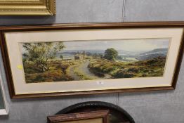 A LARGE FRAMED AND GLAZED PRINT OF A LANDSCAPE ENTITLED MOORLAND VIEW BY REX PRESTON