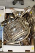 A TRAY OF SILVERPLATED METALWARE ETC.
