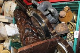 A TRAY OF HOUSEHOLD SUNDRIES TO INCLUDE A CARVED WOODEN STAND, DESKTOP GLOBE, SODA SYPHON ETC.