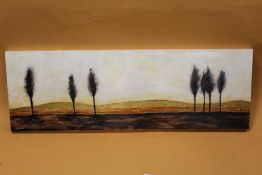 A LARGE MODERN OIL ON CANVAS OF A LANDSCAPE AND TREES INDISTINCTLY SIGNED LOWER RIGHT