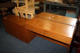 A RETRO TEAK DRESSING TABLE TOGETHER WITH A BLANKET BOX