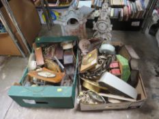 TWO BOXES OF VARIOUS MANTLE CLOCKS,WALL CLOCKS AND POTTERY CLOCK CASES TOGETHER WITH A BOXED