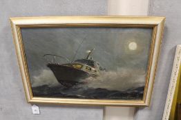 STUART BECK (b.1903). Moonlight stormy seascape with motorboat and figures 'Night Passage' see