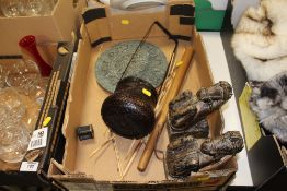 A PAIR OF INDIAN CARVED STONE BOOKENDS/ CORBELS, NATIVE AMERICAN CLUB, CHALK MAYAN CALENDAR AND